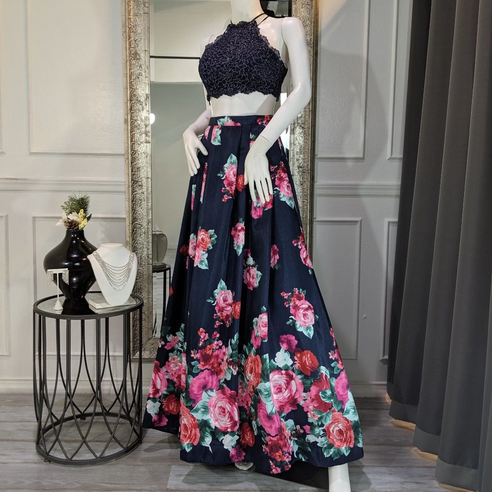 Floral 2 Piece Navy Blue Formal Evening Prom Dress Gown